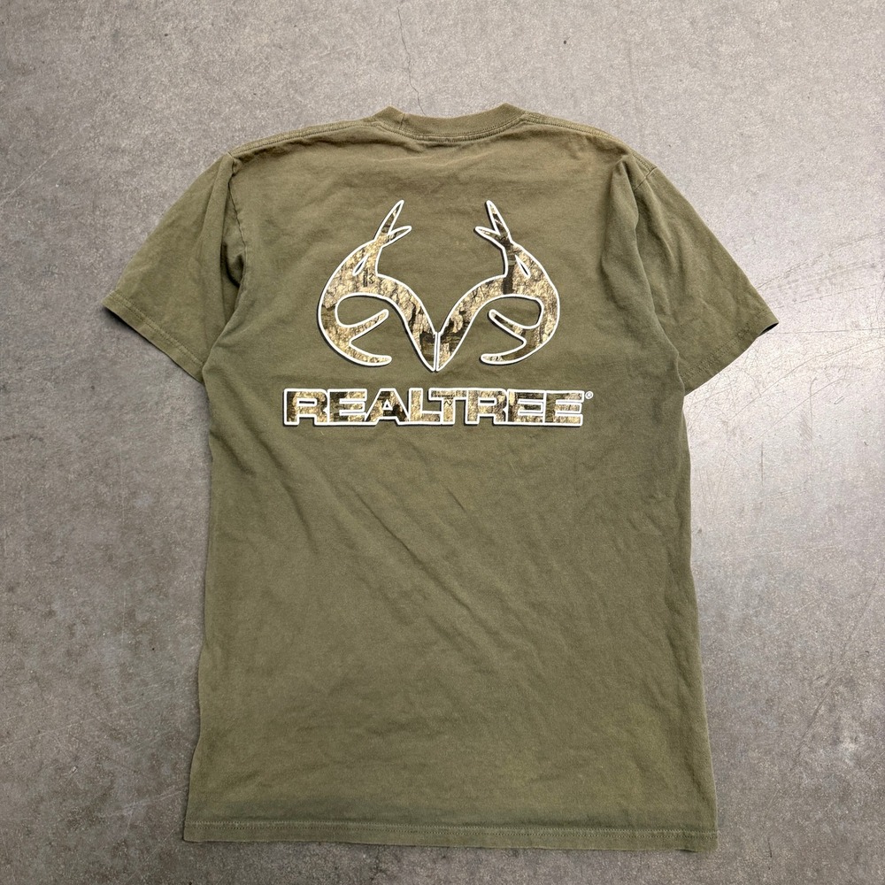 Realtree Mens Graphic T-Shirt Olive Green Camo Logo Short Sleeve Size M Cotton